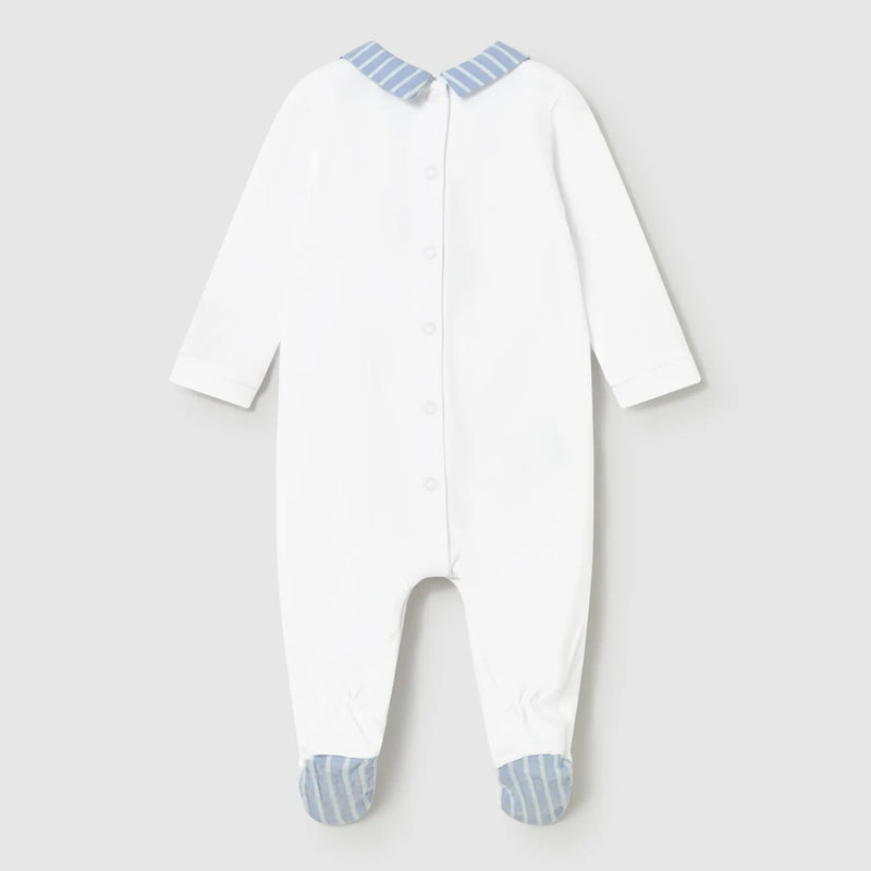 Rear view of the Mayoral baby boy's embroidered babygrow.