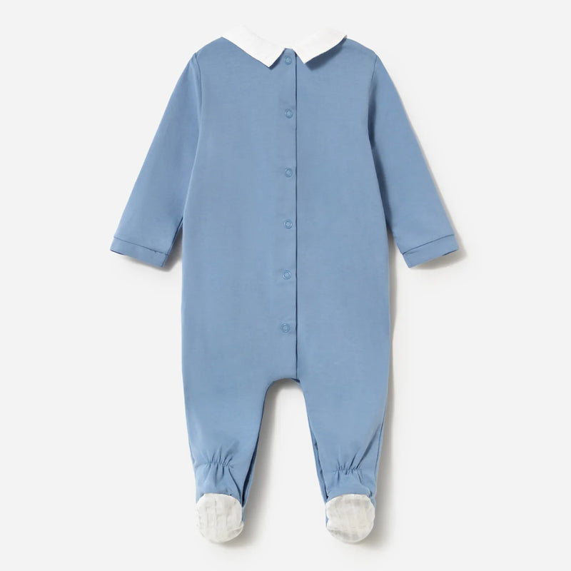 Back of the Mayoral blue embroidered babygrow.