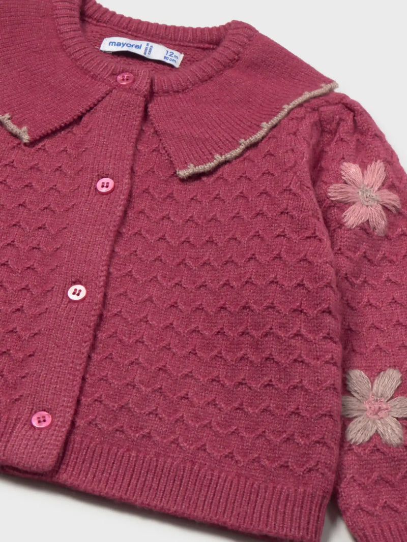 Closer look at the Mayoral embroidered cardigan showing detail of the floral embroidery on the sleeves.