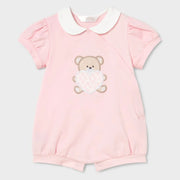 Baby girl's pink romper with teddy bear embroidery.