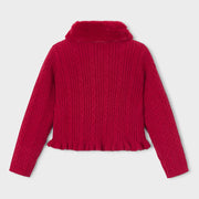 Back of the Mayoral red faux fur cardigan.