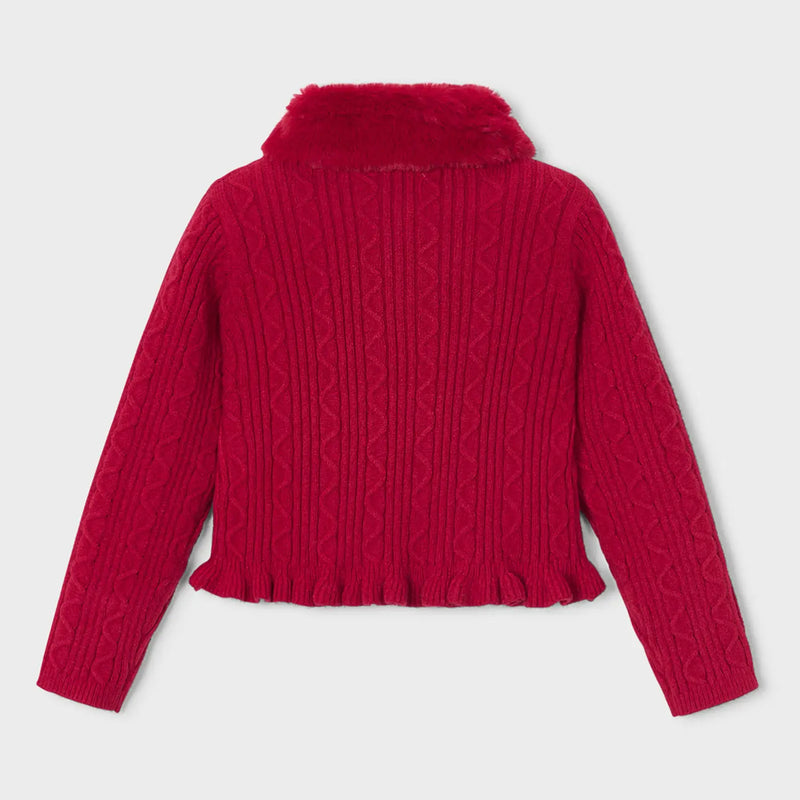 Back of the Mayoral red faux fur cardigan.