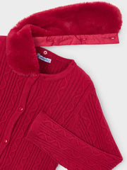 Closer look at the Mayoral faux fur cardigan showing detail of the detachable faux fur collar.