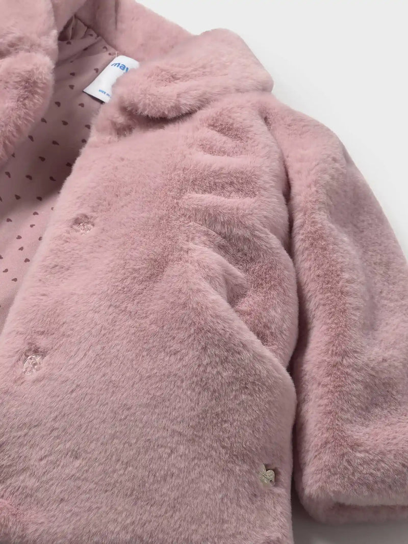 Closer view of the Mayoral faux fur coat.