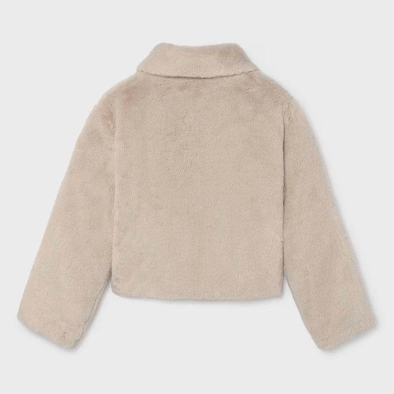 Back of the Mayoral beige faux fur coat.