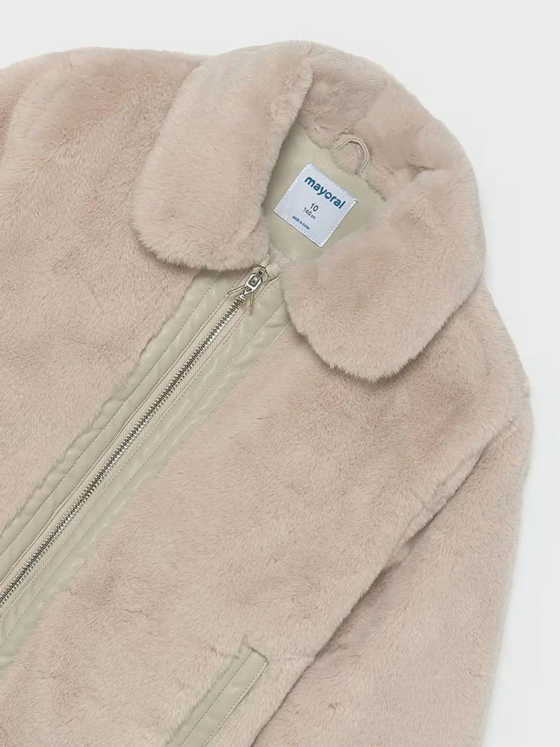 Closer view of the Mayoral faux fur coat.