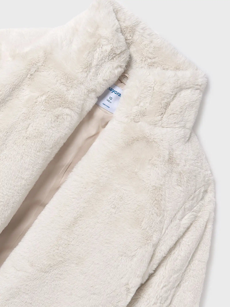 Closer view of the Mayoral faux fur jacket.