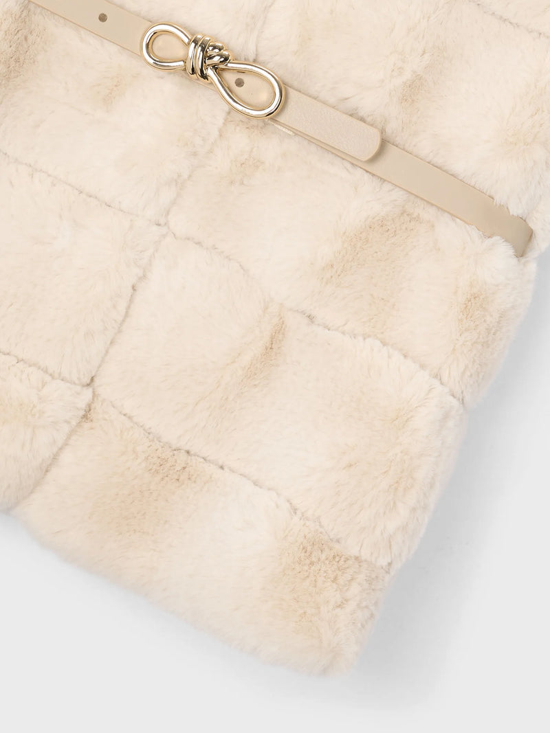 Closer look at the Mayoral faux fur gilet showing detail of the detachable faux leather belt.