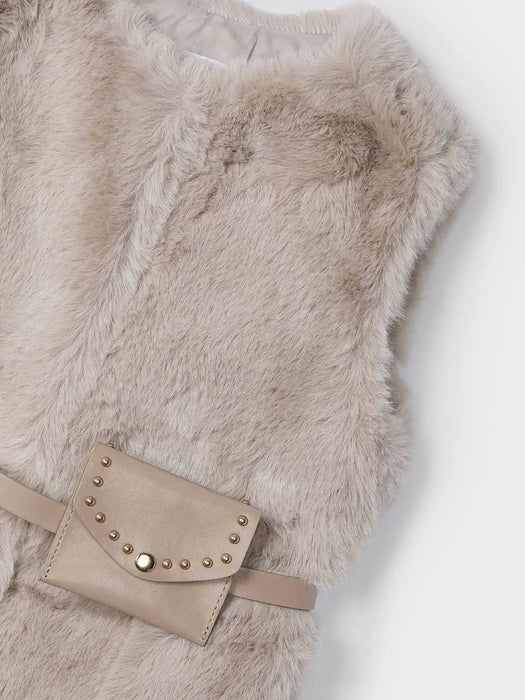 Mayoral faux fur gilet with faux leather belt and pouch.