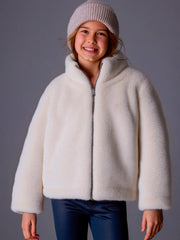 Mayoral beige faux fur jacket, modelled by girl.