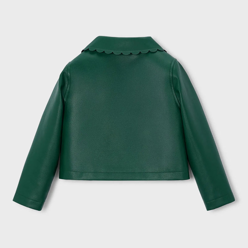 Back of the Mayoral green faux leather jacket.
