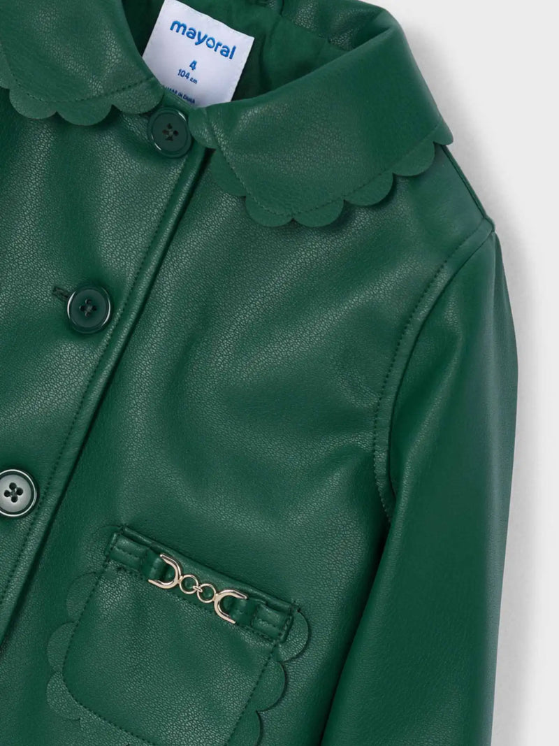 Closer view of the Mayoral faux leather jacket.