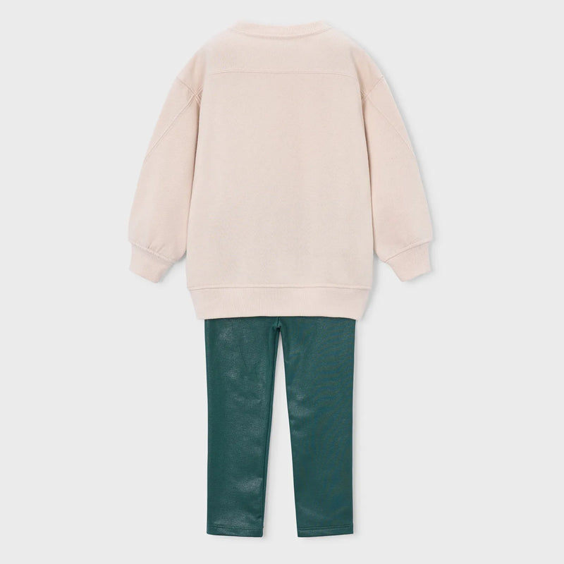 Back of the Mayoral green faux leather leggings set.