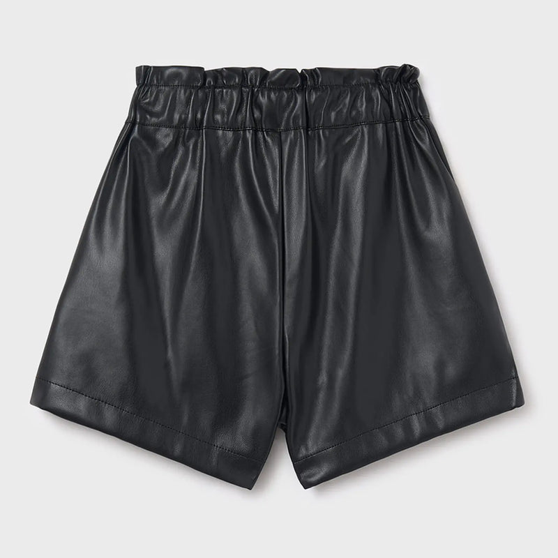Back of the Mayoral black faux leather shorts.