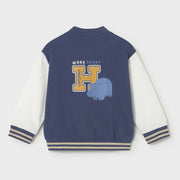 Rear view of the Mayoral blue baseball jacket.