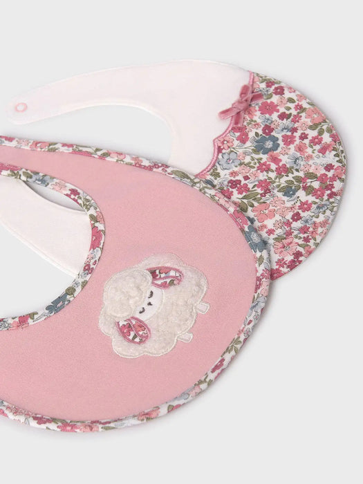 Closer look at the Mayoral floral print bib set.