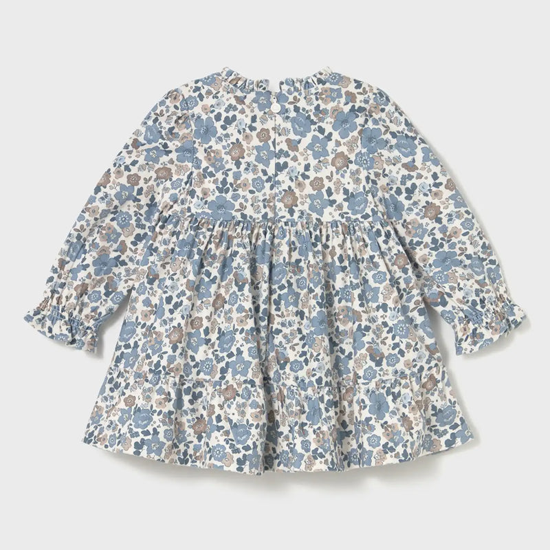 Rear view of the Mayoral blue smocked dress.