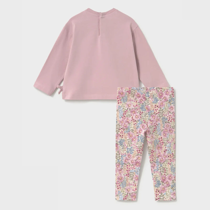 Rear view of the Mayoral pink floral print leggings set.