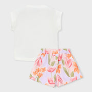 Rear view of the Mayoral floral print shorts set.
