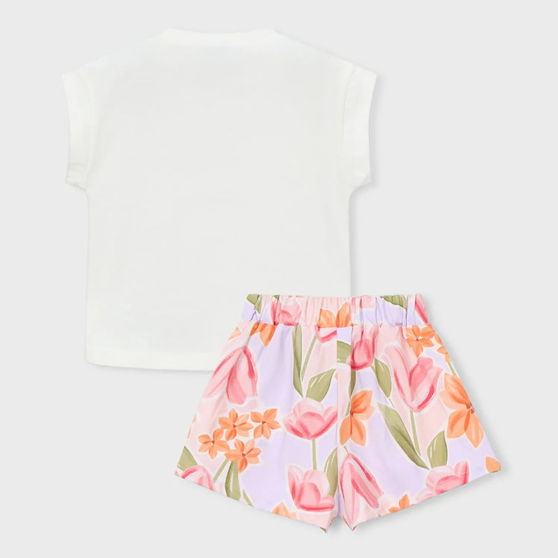 Rear view of the Mayoral floral print shorts set.