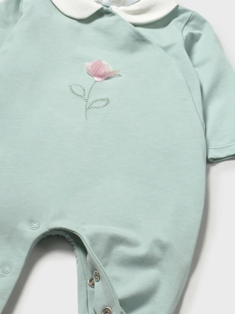 Closer view of the Mayoral flower babygrow set.