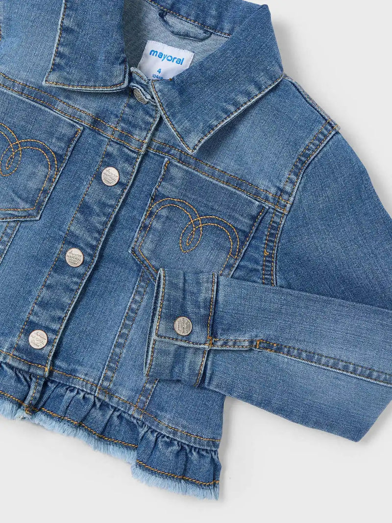 Closer look at the Mayoral frayed denim jacket.