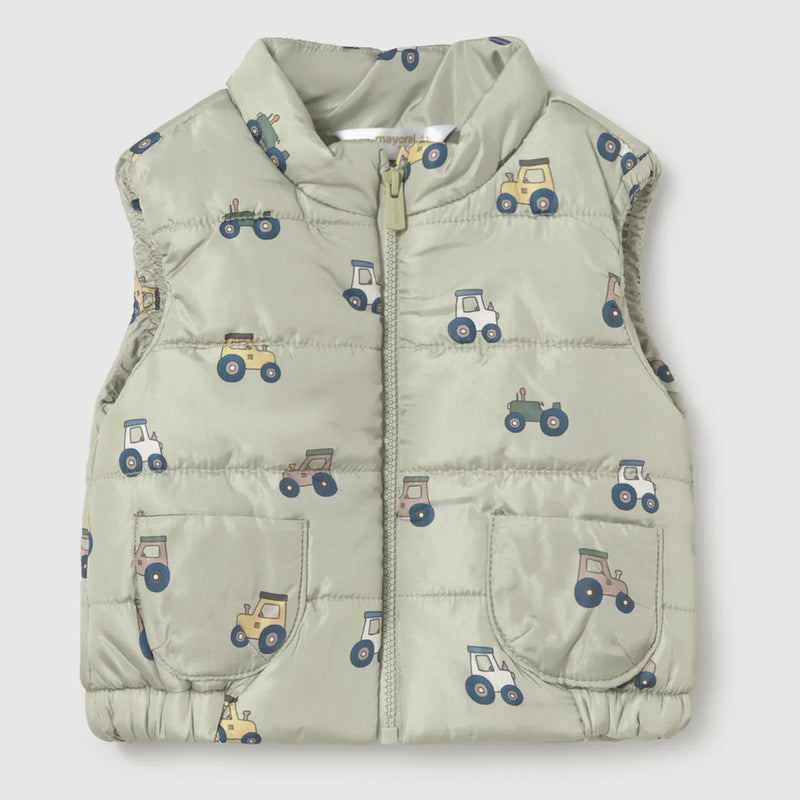 Mayoral green gilet with tractor pattern.