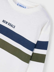 Mayoral long sleeve t-shirt with navy and green hoops across the chest.
