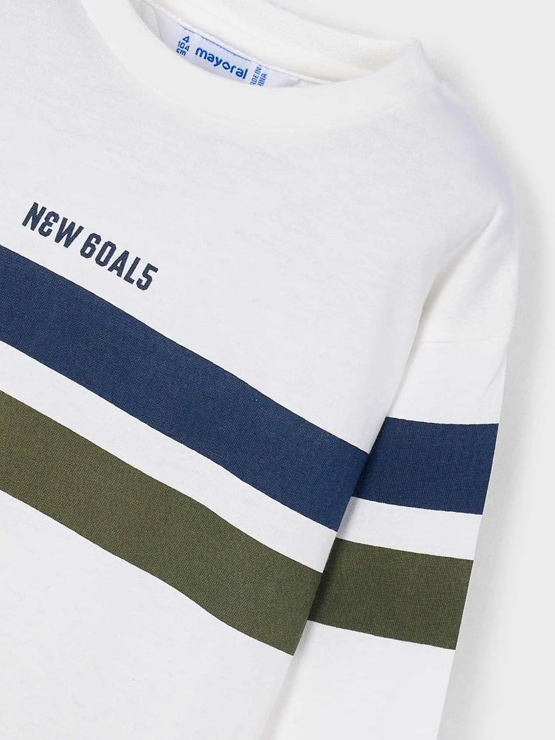 Mayoral long sleeve t-shirt with navy and green hoops across the chest.