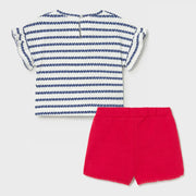 Rear view of the Mayoral heart print shorts set.