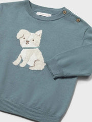 Mayoral green jumper with happy smiling puppy.