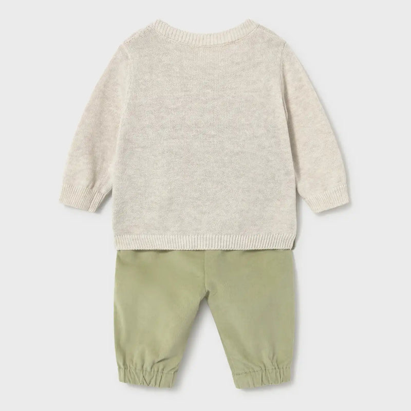 Back of the Mayoral green jumper & trousers.
