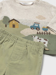 Closer look at the Mayoral jumper & trousers showing detail of the fun farmyard scene.