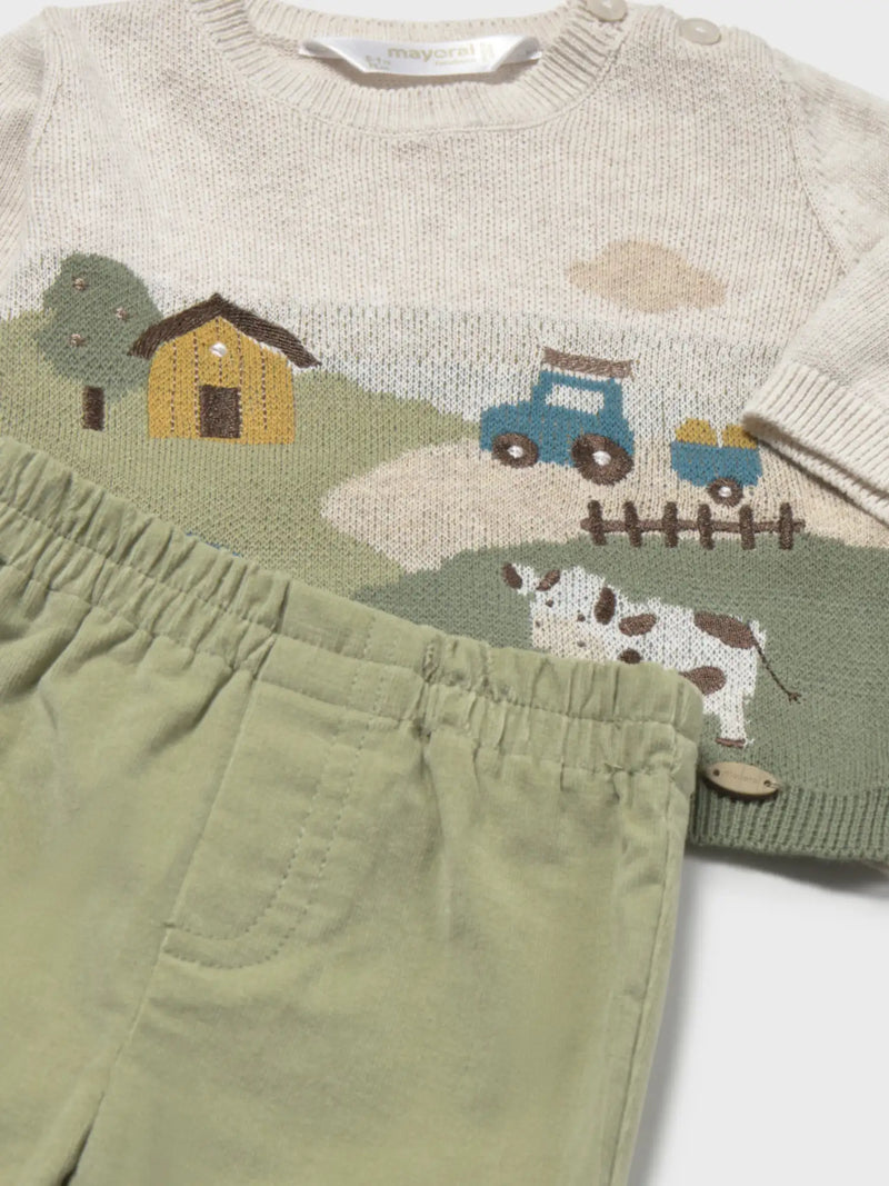 Closer look at the Mayoral jumper & trousers showing detail of the fun farmyard scene.