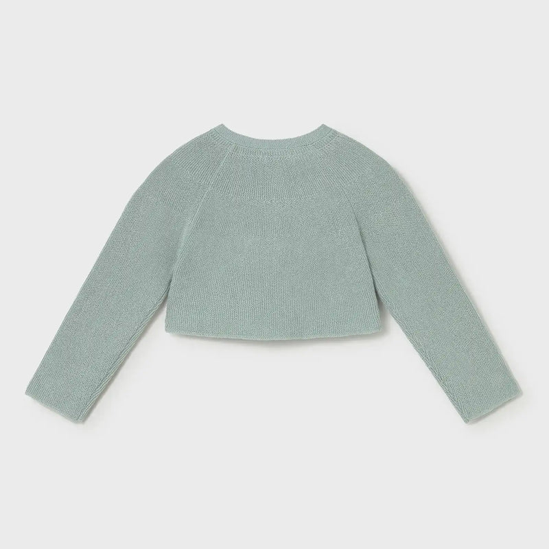 Back of the Mayoral green knitted cardigan.