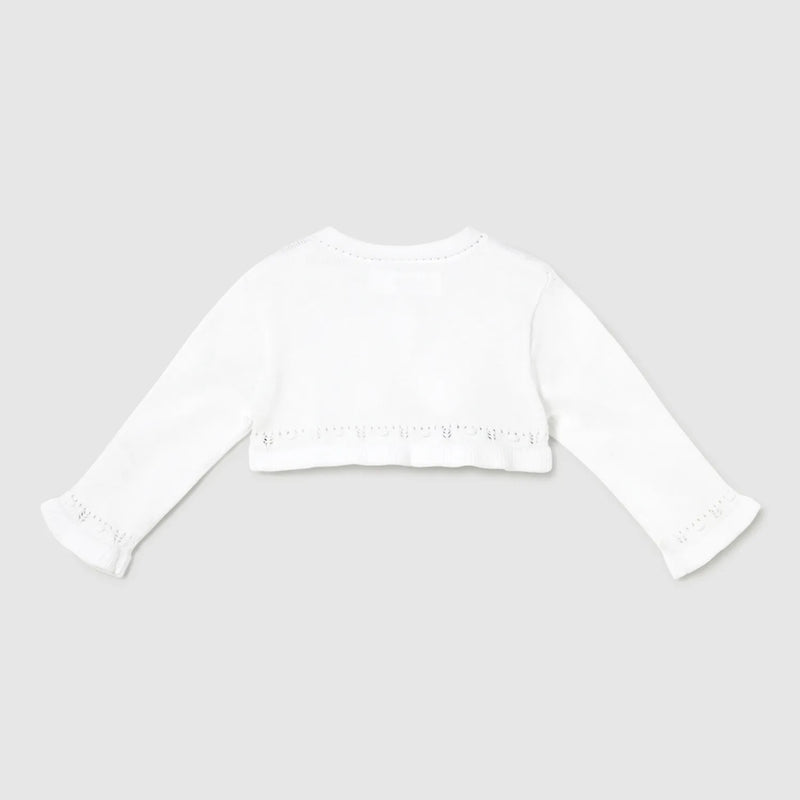 Back of the Mayoral white knitted cardigan.