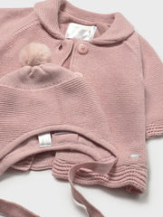 Closer look at the Mayoral knitted coat showing detail of the matching bonnet.