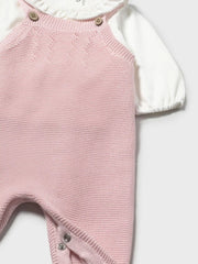 Closer look at the Mayoral knitted dungarees set showing detail of the
