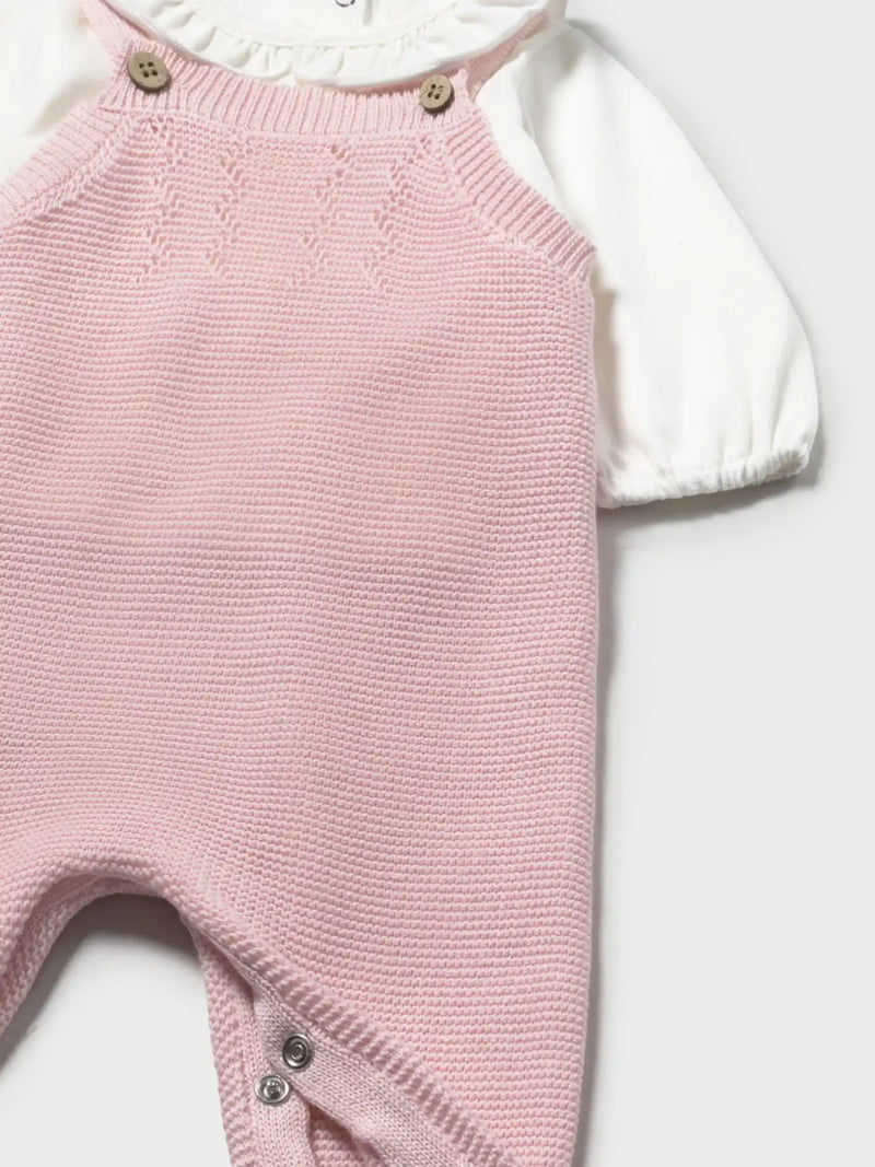 Closer look at the Mayoral knitted dungarees set showing detail of the