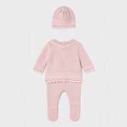 Rear view of the Mayoral pink knitted leg warmer set.