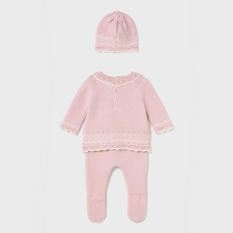 Rear view of the Mayoral pink knitted leg warmer set.