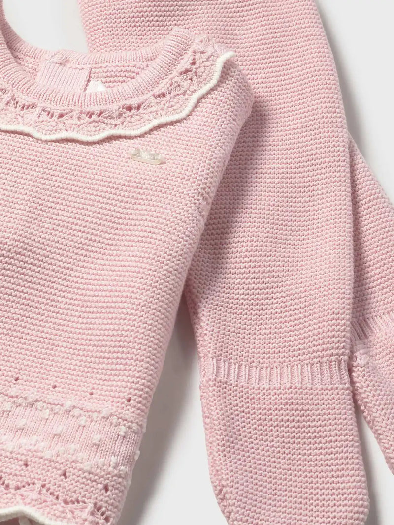 Closer view of the Mayoral knitted leg warmer set.