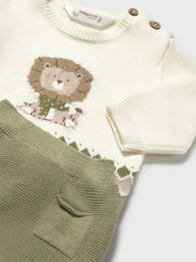 Mayoral knitted leg warmer set with intarsia lion on the chest.