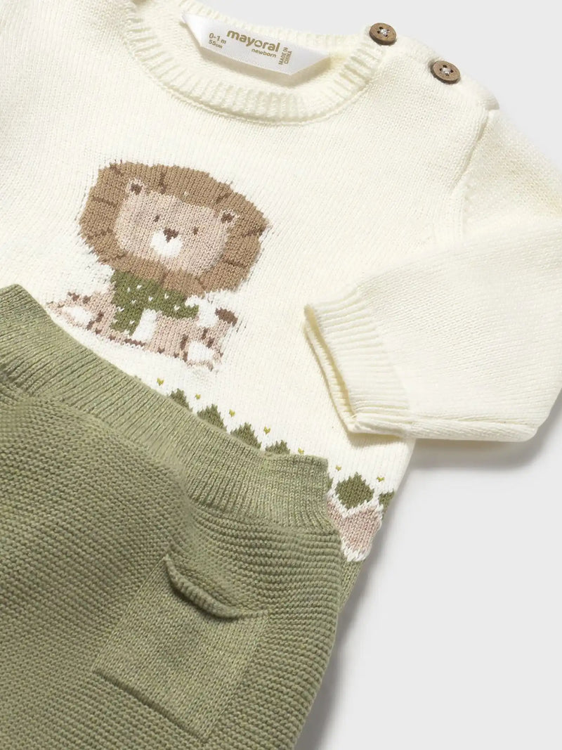 Mayoral knitted leg warmer set with intarsia lion on the chest.