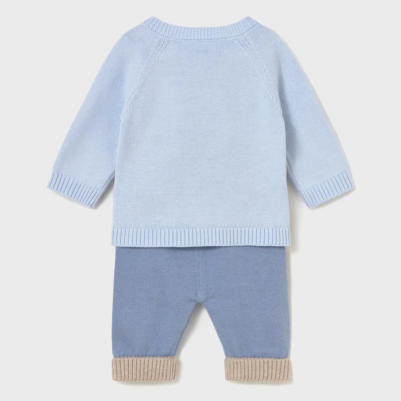 Rear view of the Mayoral blue knitted set.