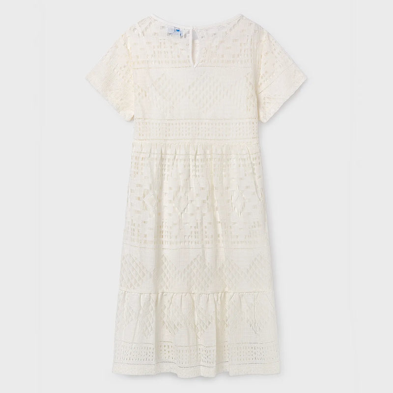 Rear view of the Mayoral cream lace dress.