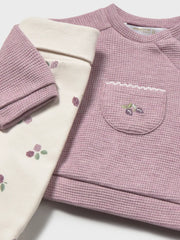Mayoral leg warmer set with embroidered blackberries on the chest pocket.