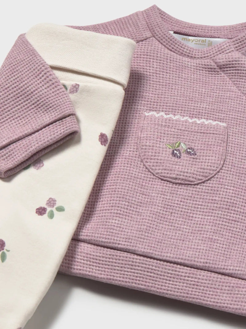 Mayoral leg warmer set with embroidered blackberries on the chest pocket.