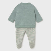 Rear view of the Mayoral green knitted leg warmer set.