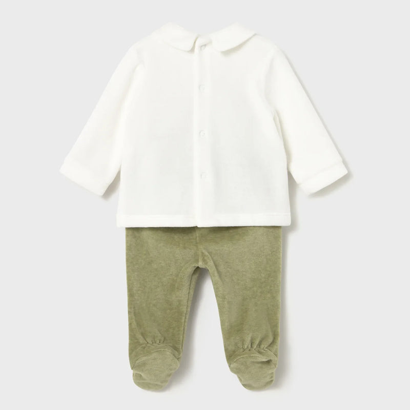 Back of the Mayoral green velour leg warmer set.